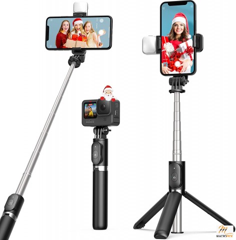 Selfie Stick Tripod with Fill Light, Phone Tripod Stand with Remote Control & 360°Rotation