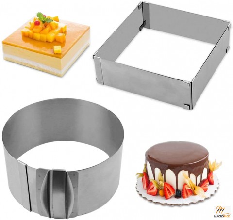 Adjustable Cake Ring Mould Set Of 2 | Stainless Steel 6 To 12 Inch Cake Mousse Ring | Round & Square