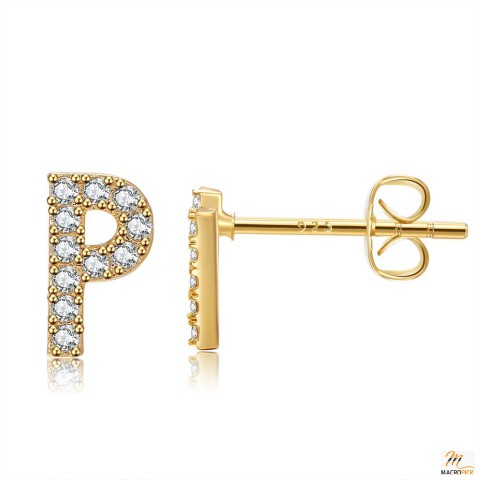 Initial Letter P Stud Earrings for Girls Women, Gold Plated