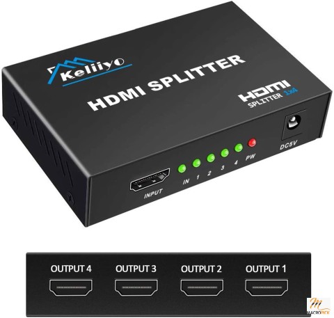 Black-Colored HDMI Splitter 1 in 4 Out V1.4b Powered HDMI Video Splitter with AC Adaptor