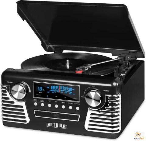 Victrola 50's Retro Bluetooth Record Player -  3 Speed Belt Driven Turntable - Upgraded Premium Sound Quality - Black