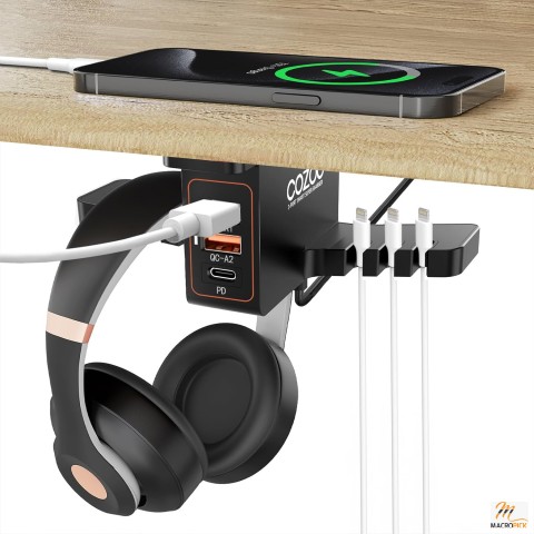 Headphone Stand with USB Charger COZOO Under Desk Headset Holder Mount with 3 Port USB Charging Station and iWatch Stand