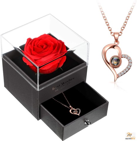 I Love You Necklace 100 Languages Projection Heart Pendant Necklace Crystal Loving Memory Collarbone Necklace with Red Rose Jewelry Storage Box for Women