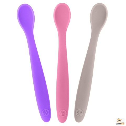 Set of 3 Silicone Baby Spoons - First Stage Feeding Spoons for Infants - Bendable Design Encourages Self-feeding - Ultra-durable & Unbreakable, Dishwasher & Boil-proof - Pink, Purple & Grey