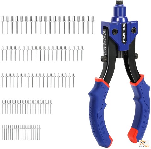 10-Inch Pop Rivet Gun - Heavy Duty Riveter with 3 Interchangeable Heads (3 Nosepieces) and 100pcs Rivets