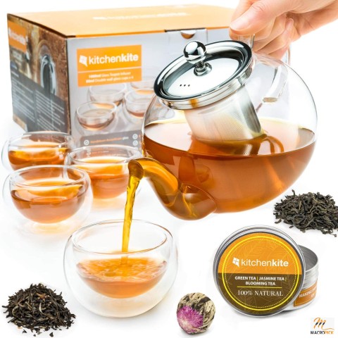 Tea Kettle Infuser Stovetop Gift Set - Glass Teapot with Removable Stainless Steel Strainer - Microwave & Dishwasher Safe -  Loose Leaf Tea Sampler & 4 Double Wall Cups