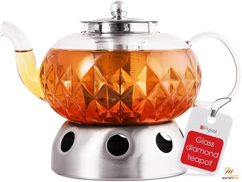 40 Oz Tea Pot With Removable Infuser - Candle Warmer Stove Top Included - Glowing Diamond Teapot Also For Loose & Blooming Tea