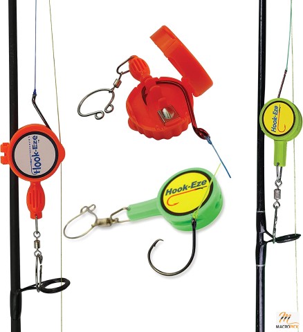 Knot Tying Tool Cover Hooks on 4 Fishing Poles -  2 Sizes Saltwater Freshwater Bass Kayak Ice Fishing - Orange & Green