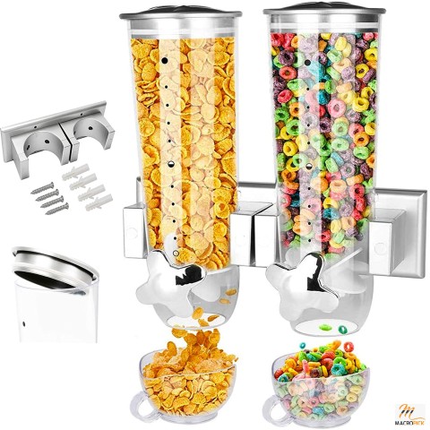 2 PACK Wall Mount Double Dry Cereal Dispenser - Convenient Storage Dual Control for Cereal Nuts - 50oz Each Cereals Bank
