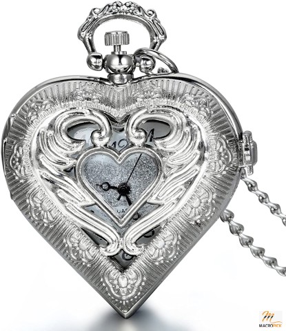 Vintage Silver Tone Heart Locket Style Pendant Pocket Watch Necklace for Girls Lady Women -  30 inch Chain