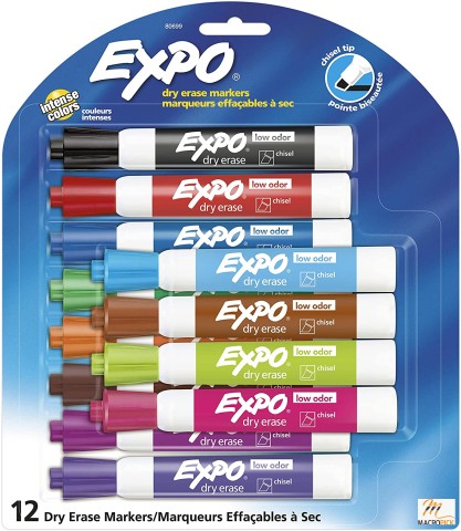 EXPO Low Odor Dry Erase Markers, Chisel Tip, Assorted Colors, 12 Count