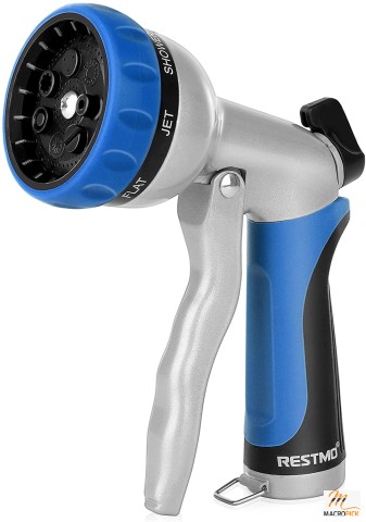 Heavy Duty Metal Water Hose Nozzle with 7 Adjustable Spray Patterns - High Pressure Hand Sprayer with Flow Control - Fits All Standard Garden Hoses - Blue