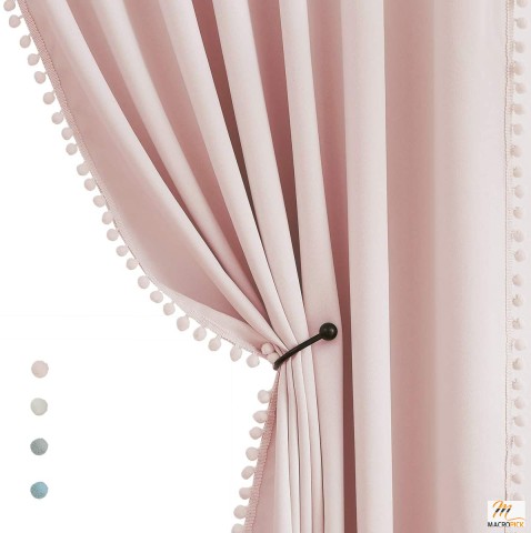 Pink Pom Poms Blackout-Curtains 95 inch Bedroom Window Curtains