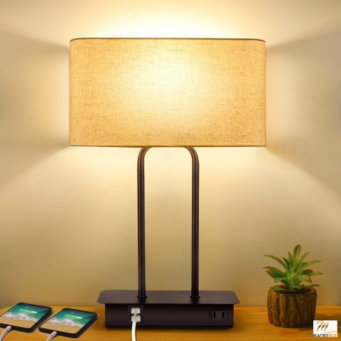 3-Way Dimmable Touch Control Table Lamp with 2 USB Ports and AC Power Outlet - Modern Bedside Nightstand Lamp with Fabric Shade - LED Bulb Included