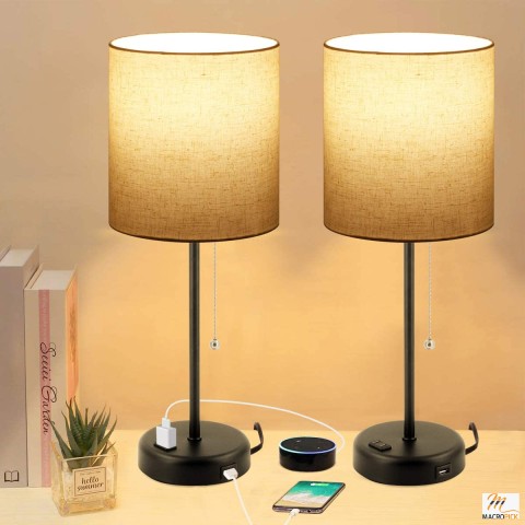 Set of 2 Bedside Table Lamps with USB Port -  3 Color Mode Pull Chain Nightstand Lamp with Linen Shape Desk Light -  2 Blubs Included.