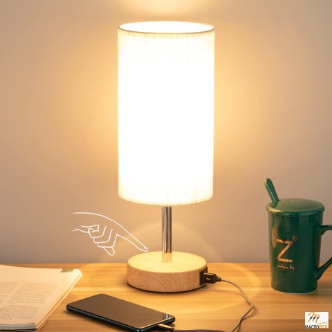 Bedside Lamp with USB Port -  Way Dimmable Nightstand Lamp with Round Flaxen Fabric Shade - Touch Control Table Lamp - LED Bulb Included