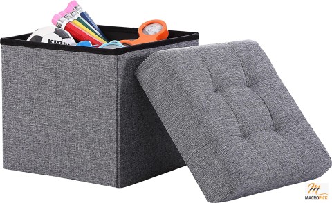 Foldable Tufted Linen Storage Ottoman Square Cube Foot Rest Stool - 15" x 15" x 15" (Grey)