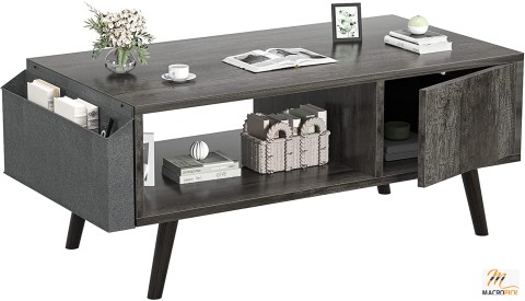 Retro Coffee Table - Mid-Century Coffee Table with Storage Shelf - Modern Wood Look Coffee Table with Storage Bag and Cabinet - Easy To  Assemble - Black Oak