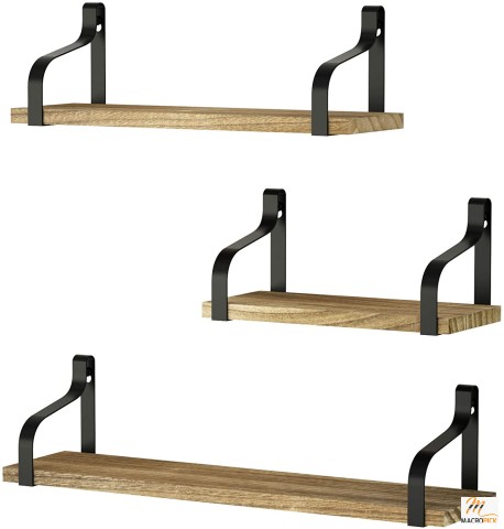 Set of 3 Floating Shelves Wall Mounted - Rustic Wood Wall Storage Shelves for Bedroom, Living Room, Bathroom, Kitchen, Office and More - Carbonized Black