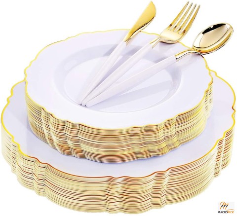 WDF 30Guest Gold Plastic Plates & Disposable Gold Plastic Silverware With White Handle