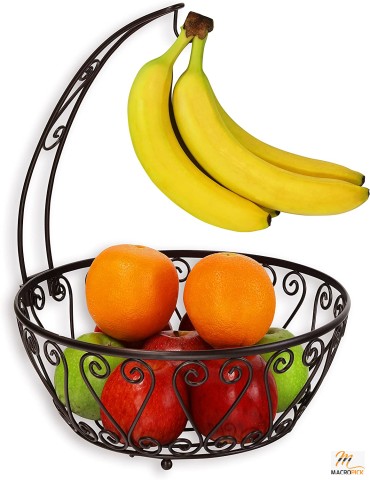 SimpleHouseware Fruit Basket Bowl with Banana Tree Hanger, Bronze