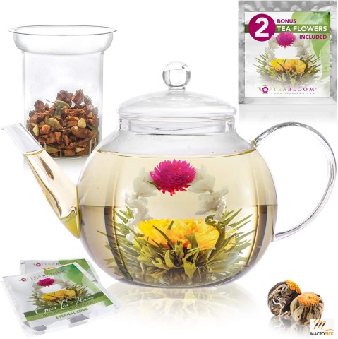 Teabloom Stovetop & Microwave Safe Glass Teapot (40 OZ)