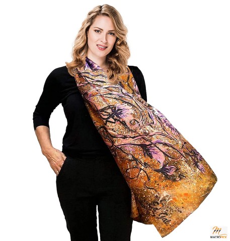 Large Silk Scarf, Fashion Deluxe Long Gold Shawl for Lady, Women Gift