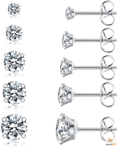 5 Pairs 3-8mm  Stud Earrings Set - Hypoallergenic Cubic Zirconia 316L Earrings Stainless Steel CZ Earrings - Silver