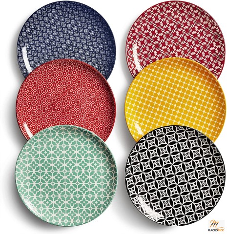 8.5 Inch Ceramic Dinner Plates - Porcelain Pasta Salad Plate Set - Set of 6 - Vibrant Colors