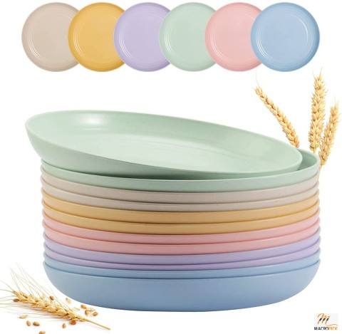 Lightweight Wheat Straw Plates - Microwave & Dishwasher Safe - 12 Pack 9 Inch Assorted Colors Plates