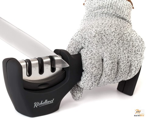 Kitchen  Knife Sharpener - With 3 Slot System - Level 5 Cut Resistant Glove Included