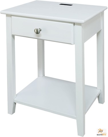 Night Stand With 4 USB Charging Port - Solid Wood Construction - White