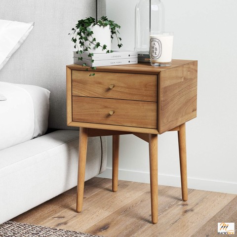 Harper Mid-Century Oak Wood Nightstand  - 2 Drawers With Interior Wood Glides - Easy 15 Minute Assembly Side Table