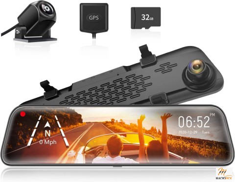 12“ Mirror Dash Cam - 1296P Full HD Smart Rearview Mirror for Cars - Clear Image & Super Night Vision Rear-View Mirror Camera