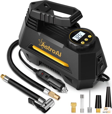 AstroAI Air Compressor Tire Inflator - Auto Shutoff with Real Time Monitoring Screen - 100PSI with Emergency LED Light - 3 Nozzles and Extra Fuse Included