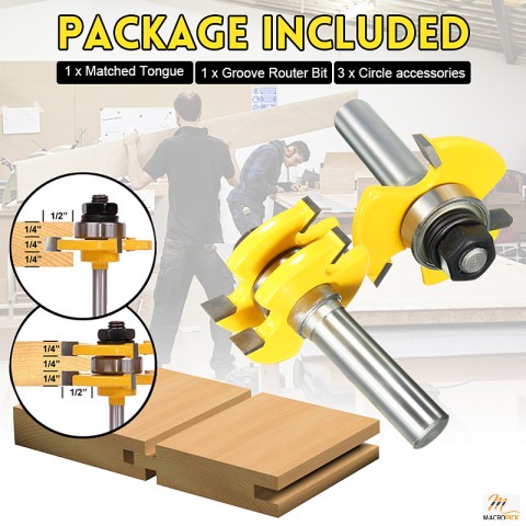 Tongue and Groove Router Bit Set 1/2''x1/4'' Shank Hard Alloy Roundover Matched Tongue+Groove Router Bit Tools Set