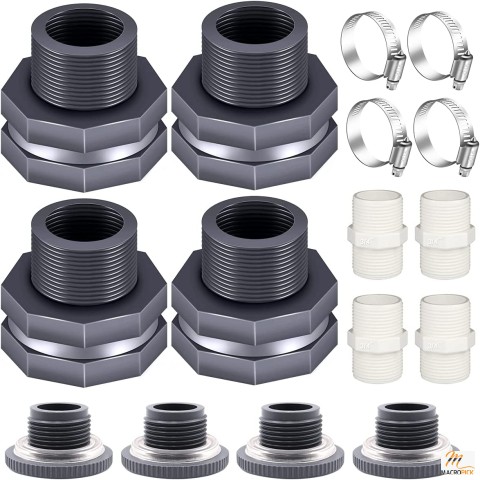 4PCS PVC Bulkhead Fitting 3/4 Inch with Plugs, water Pipe Connector - Thru-Bulk Pipe Fitting for Rain Barrels, Water Tanks, Pools