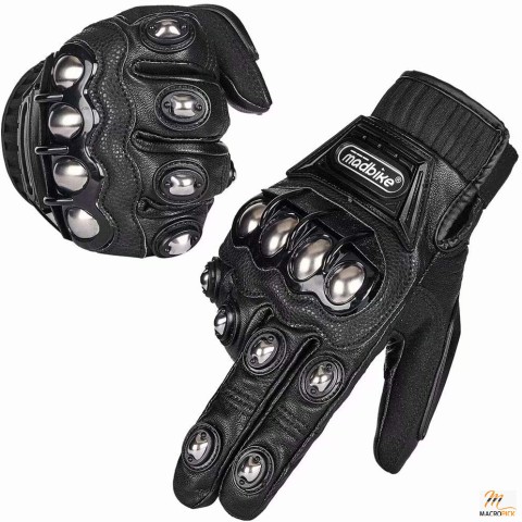 Leather Motorcycle Gloves - Alloy Steel Leather Hard Knuckle Touchscreen Motorcycle Bicycle Motorbike Gloves - Medium