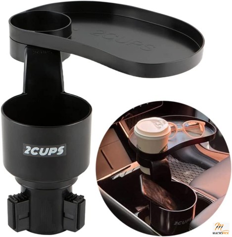 2CUPS Car Cup Holder Expander and Attachable Tray - Dual Cup Holder with Adjustable Swivel Tray