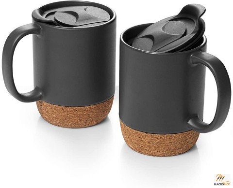 15 oz Coffee Mugs Set of 2 - Ceramic Coffee Mug With Splash Proof Lid And Cork Bottom