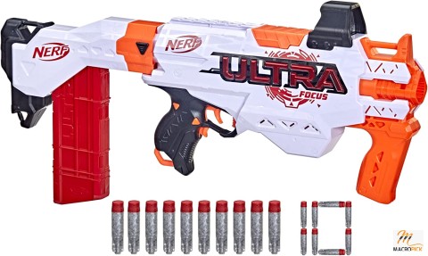 NERF Ultra Focus Motorized Blaster - 10-Dart Clip - 10 AccuStrike Ultra Darts, Stock - Compatible Only Ultra Darts