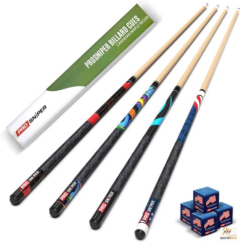 Set of 4 Pool Cue Sticks - Made From Canadian Maple Wood - Unique Design and Durable Cue Stick for Professional Billiard Players