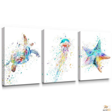 Colorful Bathroom Decor Canvas Paintings - Sea Life Watercolor Prints Hang for Living Room Bedroom 12x16 Inch - 3 Piece