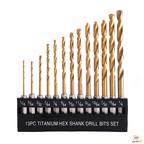 itanium Twist Drill Bit Set - 13 Pcs Hex Shank High Speed Steel - Quick Change, 1/16"-1/4"