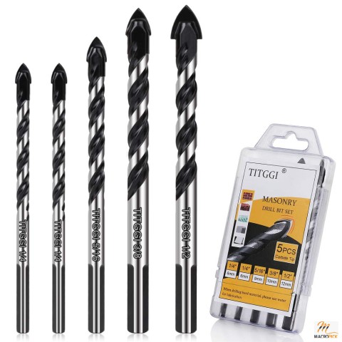 5 Pcs  Professional Drill Bit Set - Widely Used Masonry Drill Bit Set  - for Glass/Brick/Plastic etc - Industrial Strength Carbide Drill Bit Tip