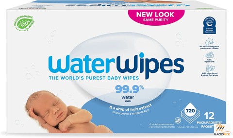 Baby Wipes - Water Wipes Biodegradable Original Baby Wipes - Unscented & Hypoallergenic for Sensitive Skin -  60 Count (Pack of 12)