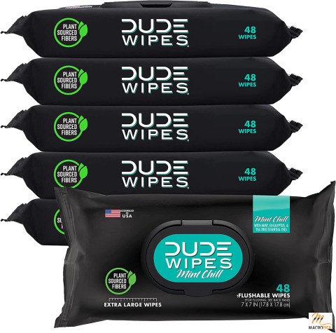 DUDE Wipes Flushable Wipes - Mint Chill Extra-Large Wet Wipes with Eucalyptus & Tea Tree Oil - 6 Pack, 288 Wipes