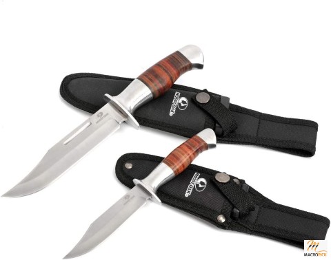 Fixed Blade Bowie Knife -  2-piece Hunting Knife with Leather Handle Featuring Laser Pattern