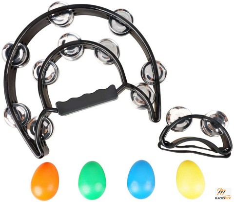 4 Multi-colored Egg Shakers with Foot Tambourine 10 inch Hand Tambourine Metal Jingles