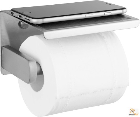 Silver-Colored Self Adhesive Toilet Paper Roll Holder with Shelf